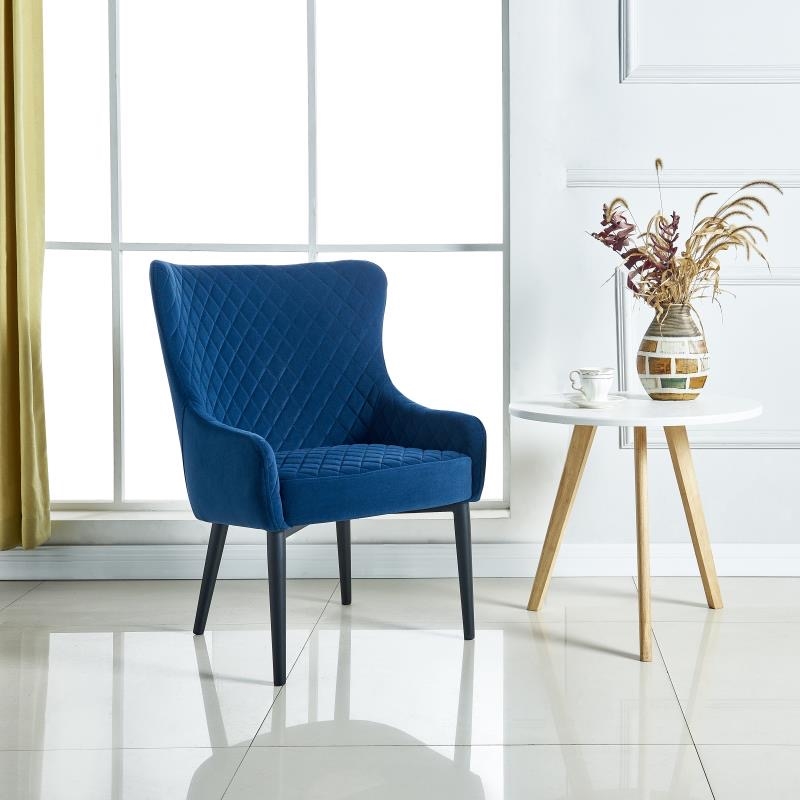 Accent Chair with Blue Velvet Seat and Black Metal Leg
