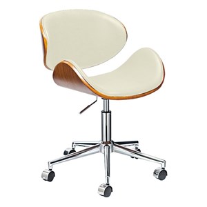 white office chair with plywood frame and chrome base