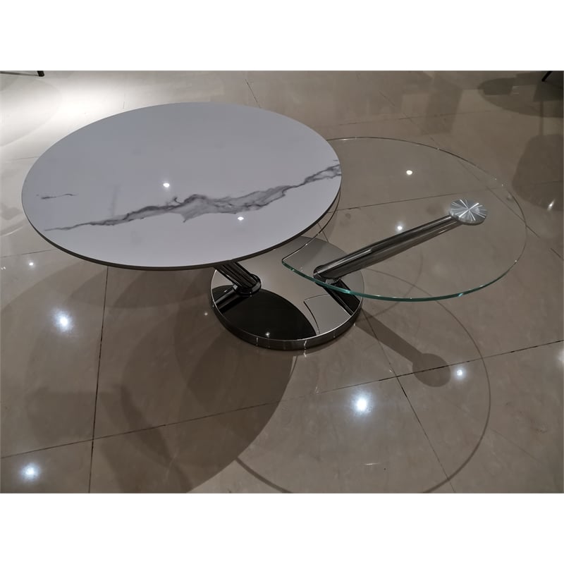 Motion Coffee Table with One White/Gray Ceramic Top and One Clear Glass Top