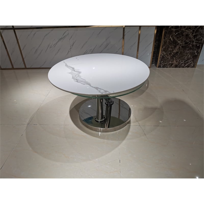 Motion Coffee Table with One White/Gray Ceramic Top and One Clear Glass Top