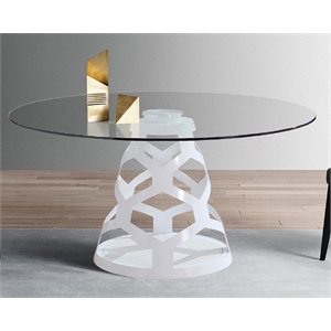 Round Clear Glass Dining Table with White Metal Base