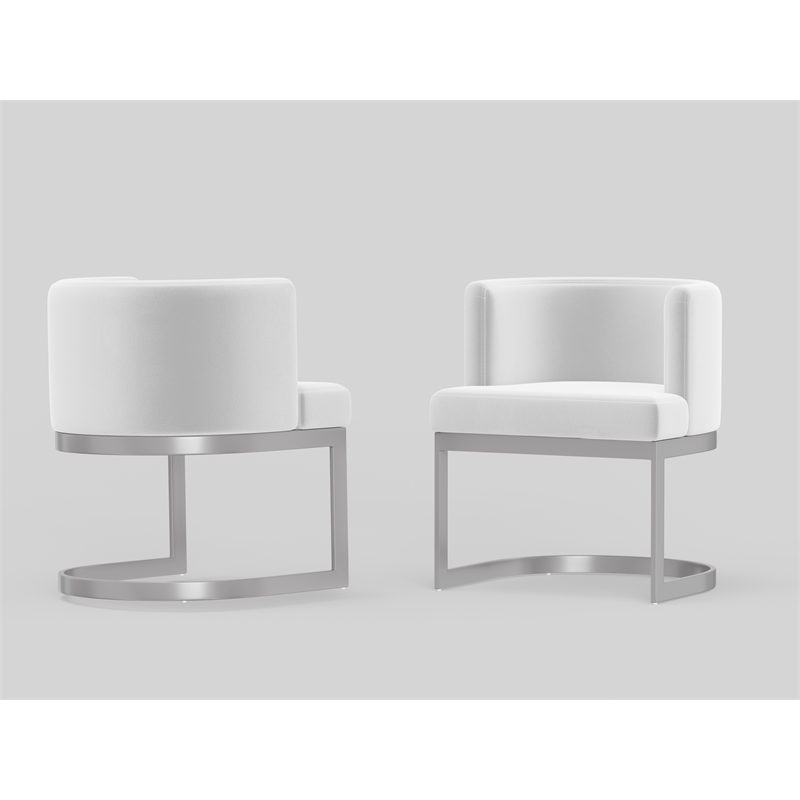 Wingback Dining chair in white fabric seat stainless steel base