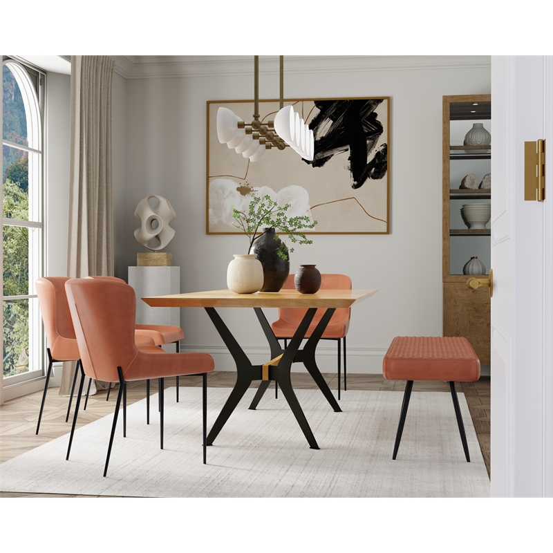 Set of 2 Cognac Faux Leather Dining Chair with Black Metal legs