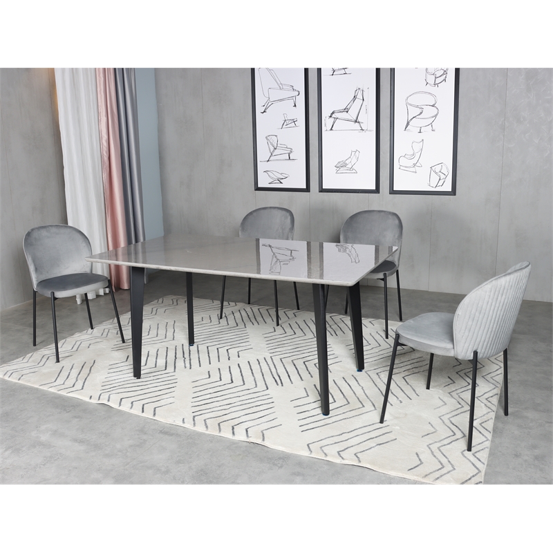 Set of 2 Gray Velvet Dining Chair with Black Metal legs