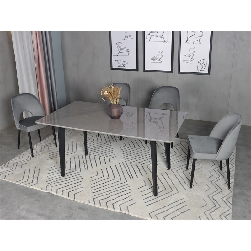 Sintered Stone Gray Dining Table with Black Metal Legs