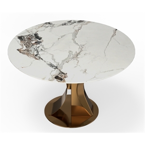 47 in Round White Sintered Stone Dining Table with Brushed Gold Base