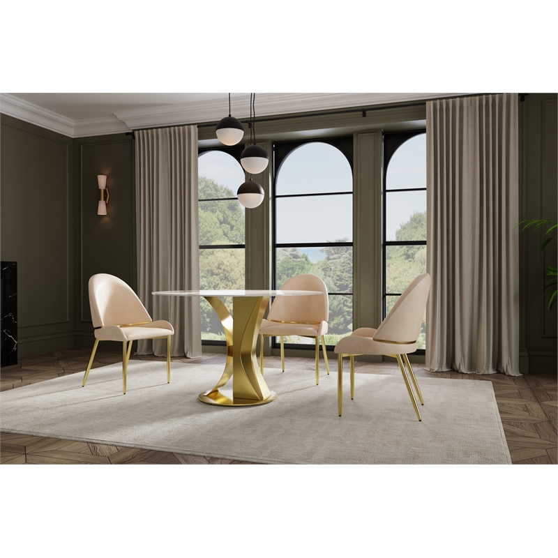 47 in Round White Sintered Stone Dining Table with Brushed Gold Base