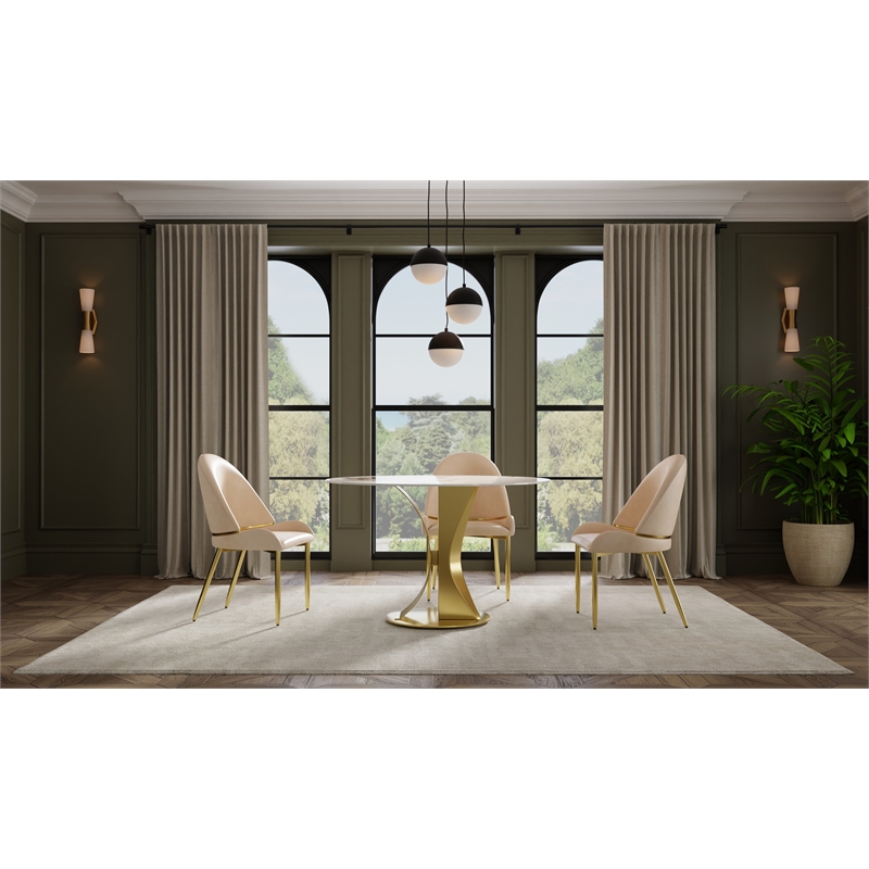 47 in Round White Sintered Stone Dining Table with Brushed Gold Base