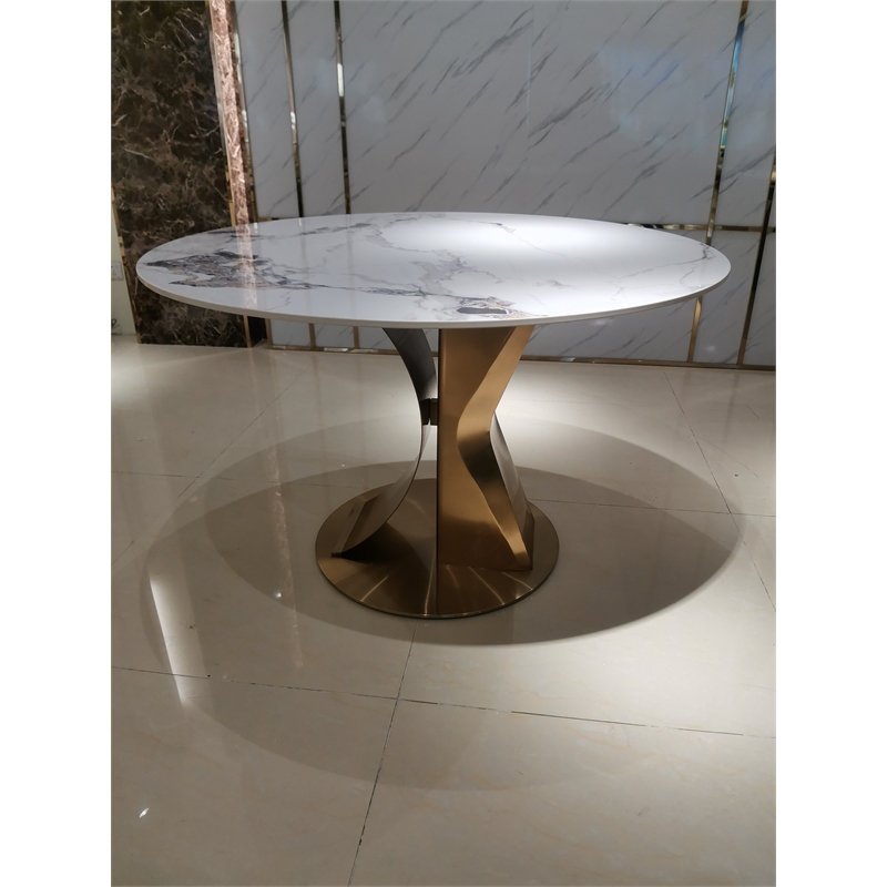 47 in Round White Sintered Stone Dining Table with Brushed Gold Base