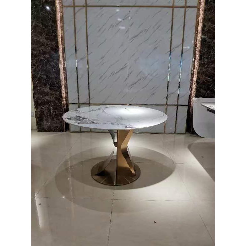47 in Round White Sintered Stone Dining Table with Brushed Gold Base