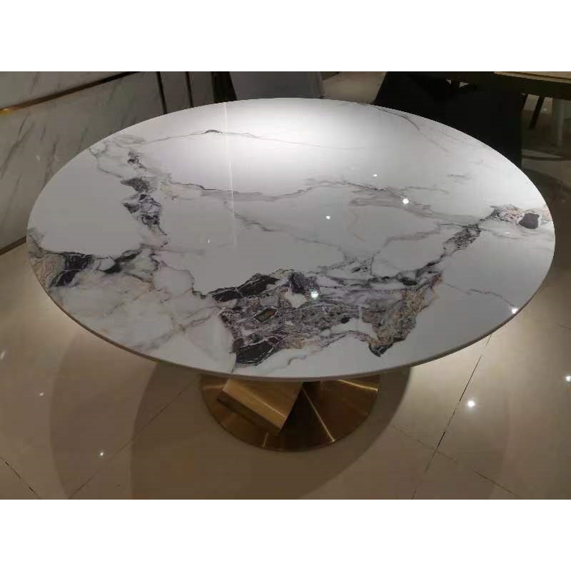 47 in Round White Sintered Stone Dining Table with Brushed Gold Base