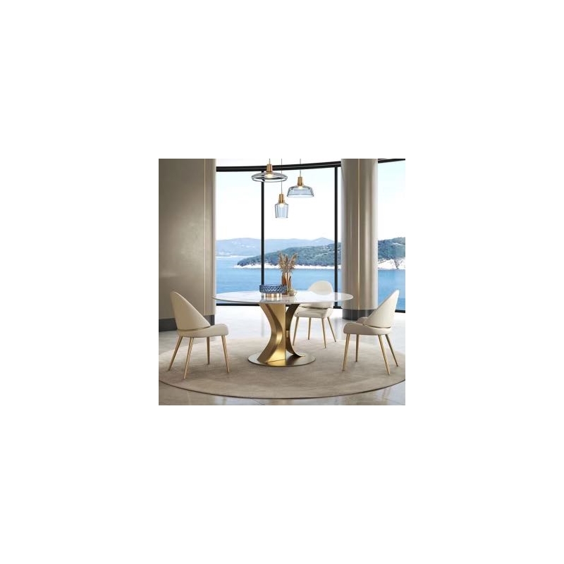 47 in Round White Sintered Stone Dining Table with Brushed Gold Base