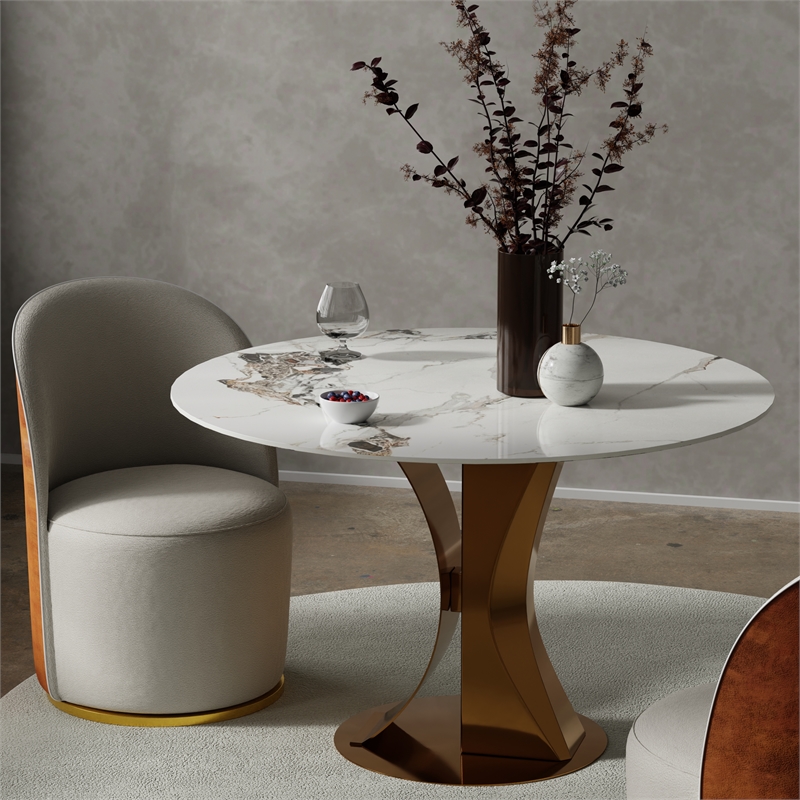 47 in Round White Sintered Stone Dining Table with Brushed Gold Base