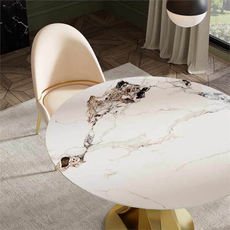 Set of 2 Champagne Color Faux Leather Dining Chair with Matte Gold Frame