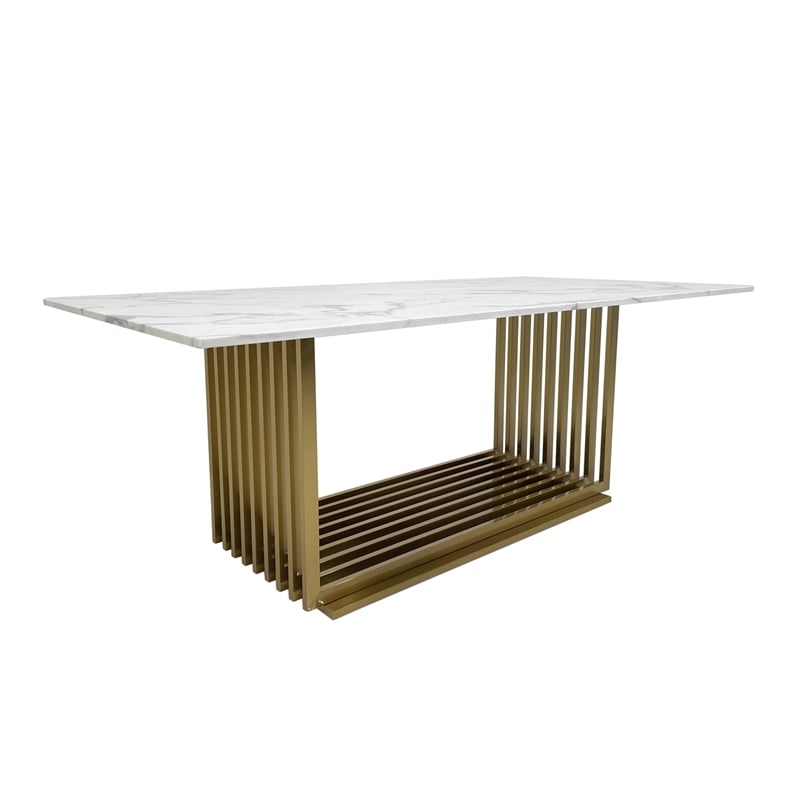 Dining Table with White Marble Top and Matte Gold Base