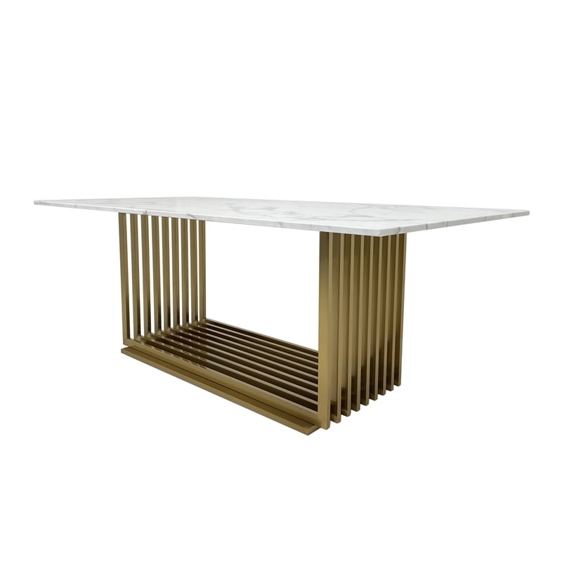 Dining Table with White Marble Top and Matte Gold Base