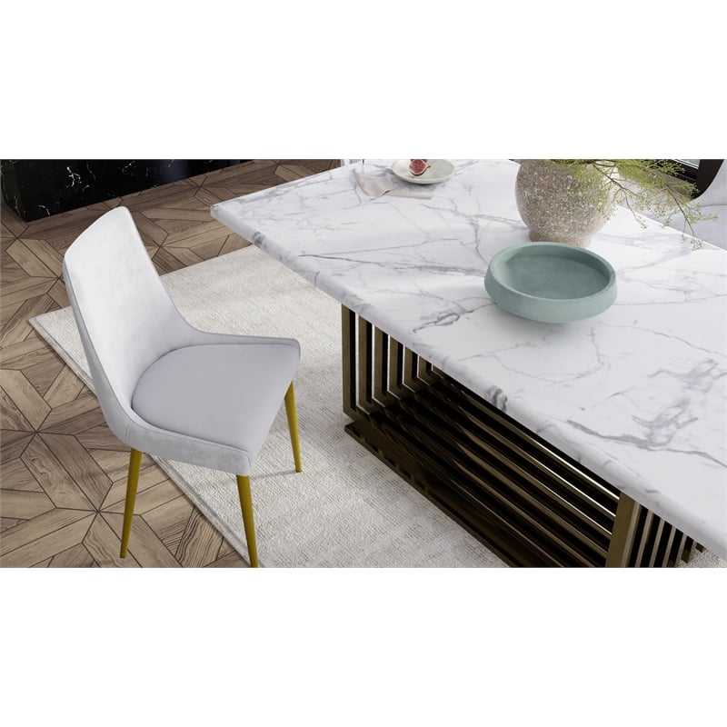 Dining Table with White Marble Top and Matte Gold Base