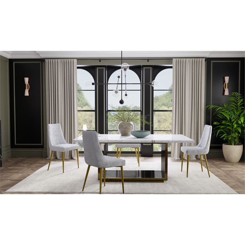 Dining Table with White Marble Top and Matte Gold Base