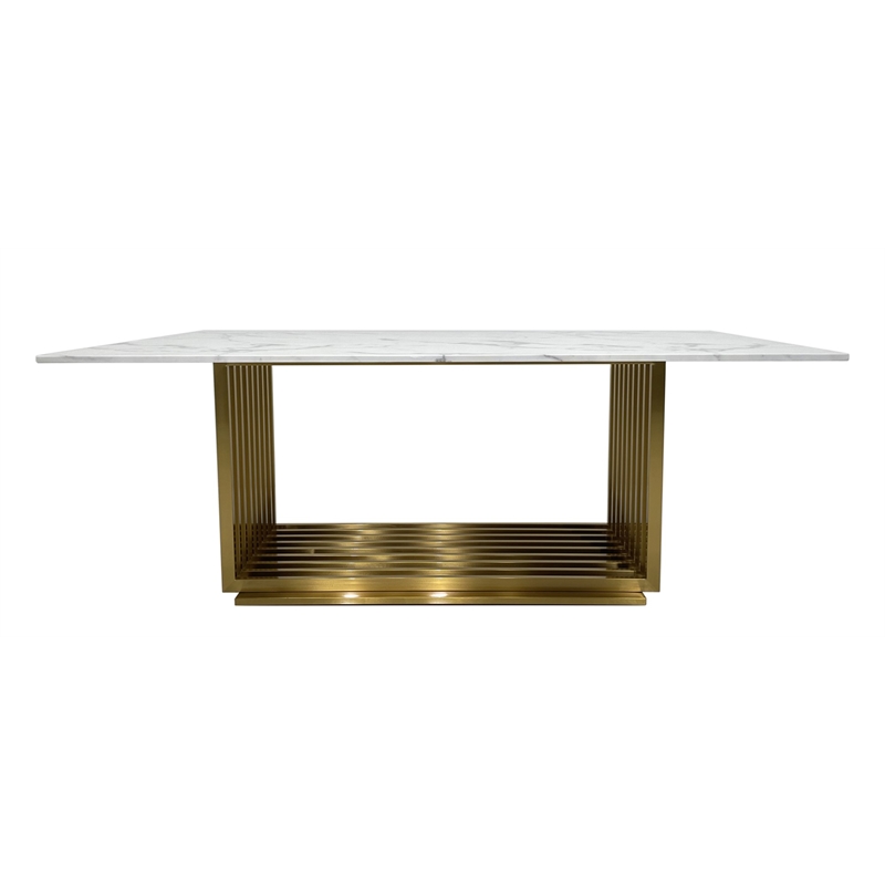Dining Table with White Marble Top and Matte Gold Base