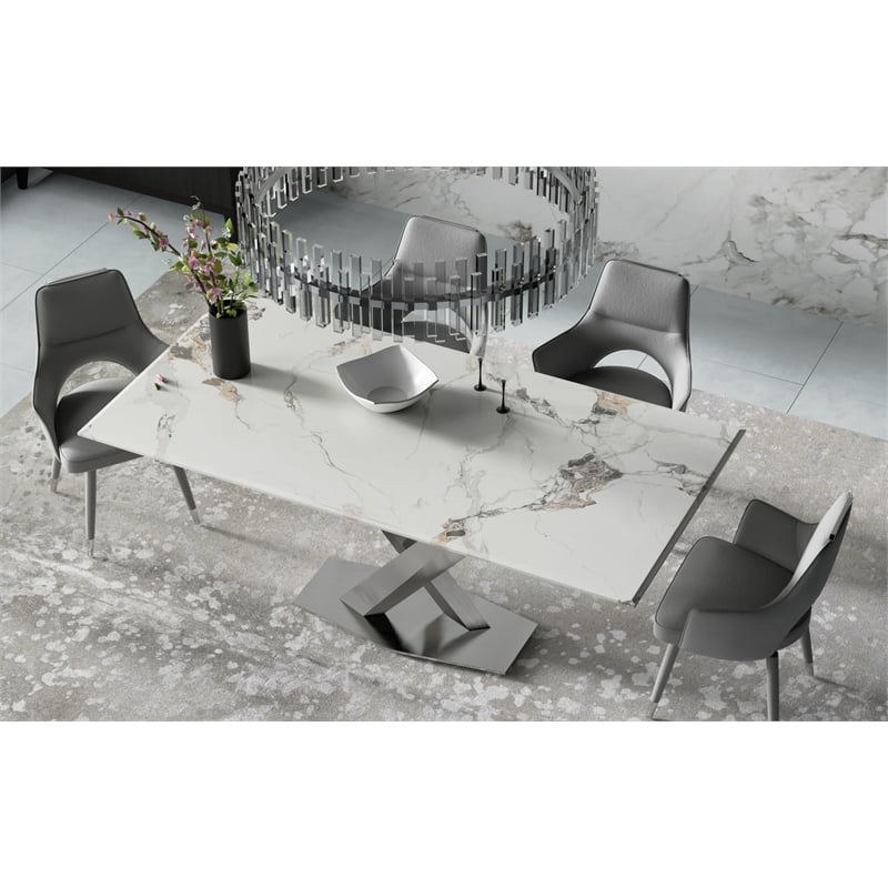 Set of 4 Gray Faux Leather Dining Chair with Stainless Steel Silver Legs