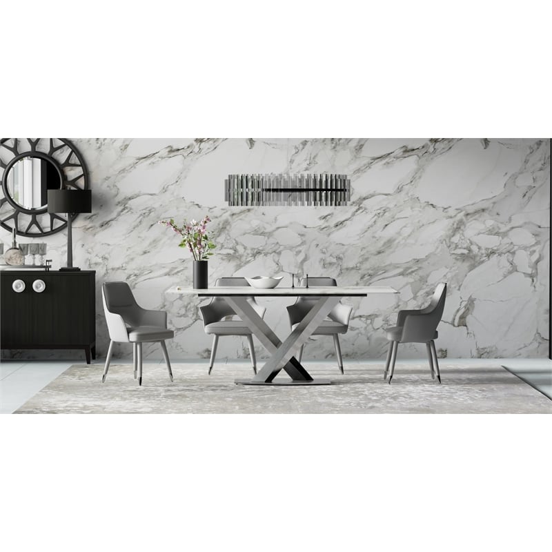 Set of 4 Gray Faux Leather Dining Chair with Stainless Steel Silver Legs