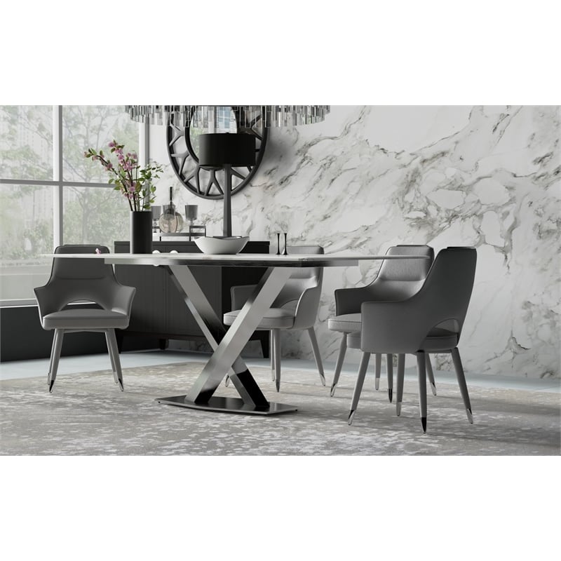 Set of 4 Gray Faux Leather Dining Chair with Stainless Steel Silver Legs