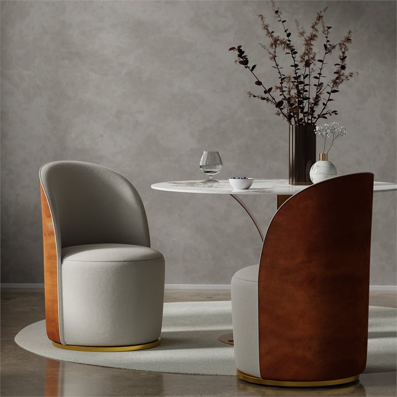 Set of 2 Cream and Brown Color Boucle Fabric Swivel Dining Chair