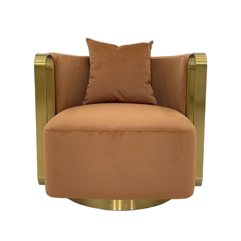 Swivel Accent Chair with Orange Fabric Cushion and Matte Gold Frame