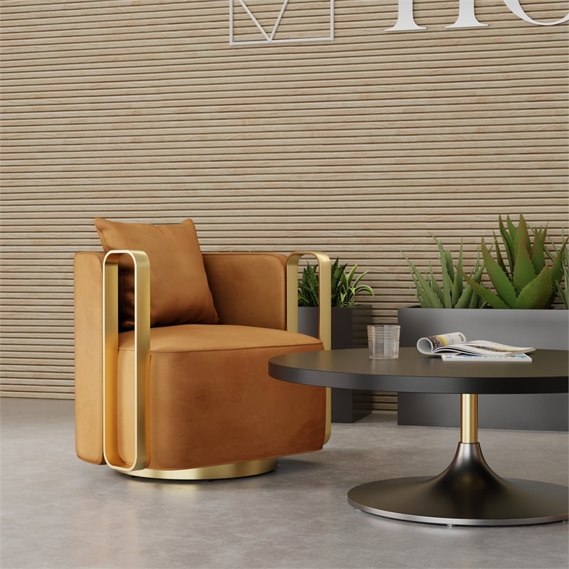 Swivel Accent Chair with Orange Fabric Cushion and Matte Gold Frame