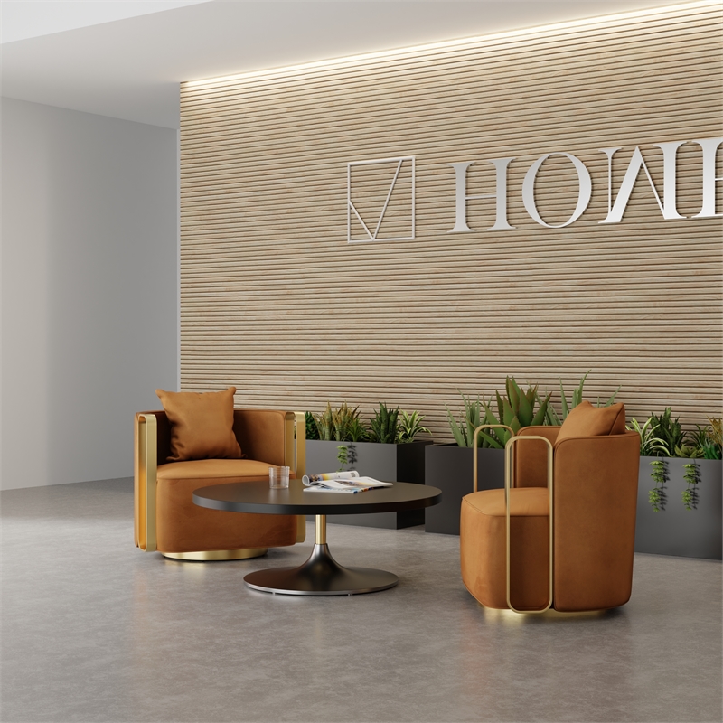 Swivel Accent Chair with Orange Fabric Cushion and Matte Gold Frame