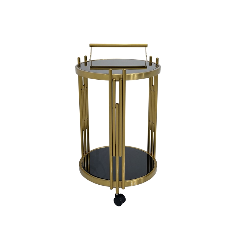 Rolling Bar Cart with Black Glass and Matte Gold Base