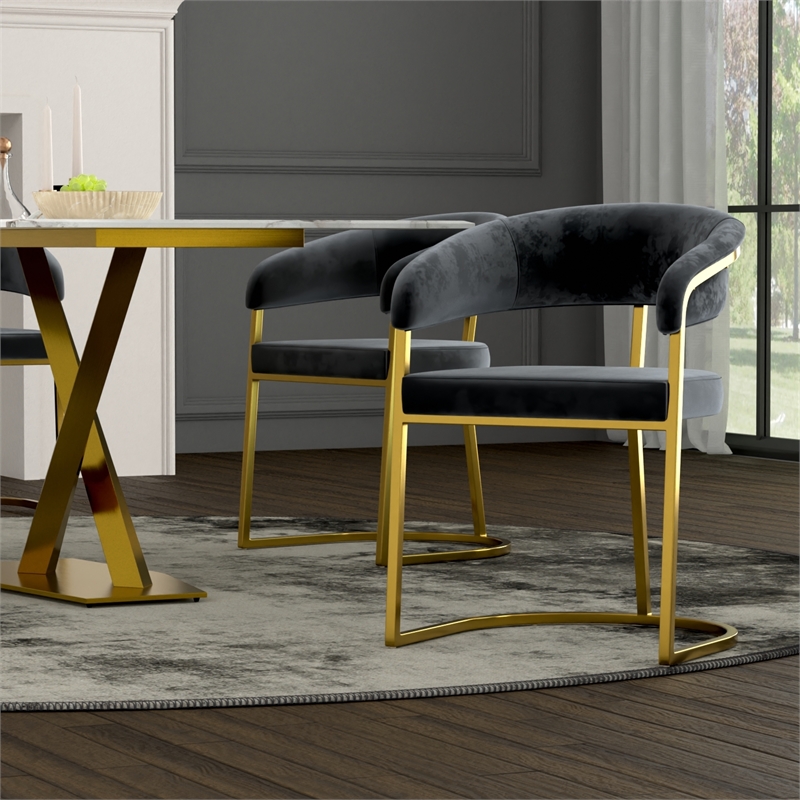 Dining Chair with Dark Gray Velvet Cushion and Matte Gold Legs