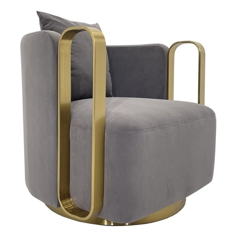 Swivel Accent Chair with Gray Fabric Cushion and Matte Gold Frame