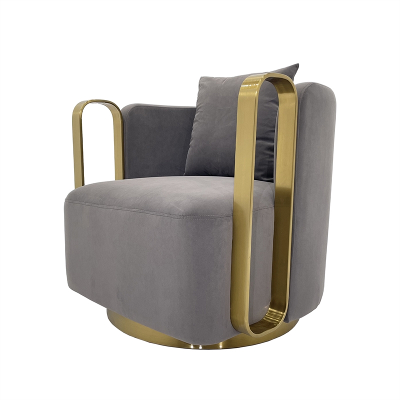Swivel Accent Chair with Gray Fabric Cushion and Matte Gold Frame