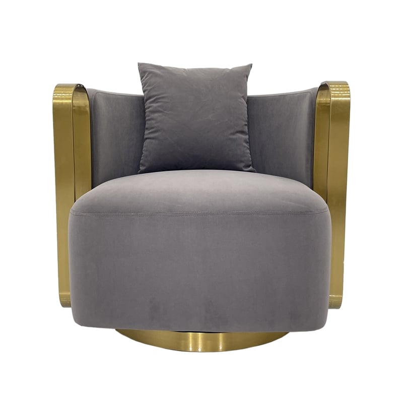 Swivel Accent Chair with Gray Fabric Cushion and Matte Gold Frame