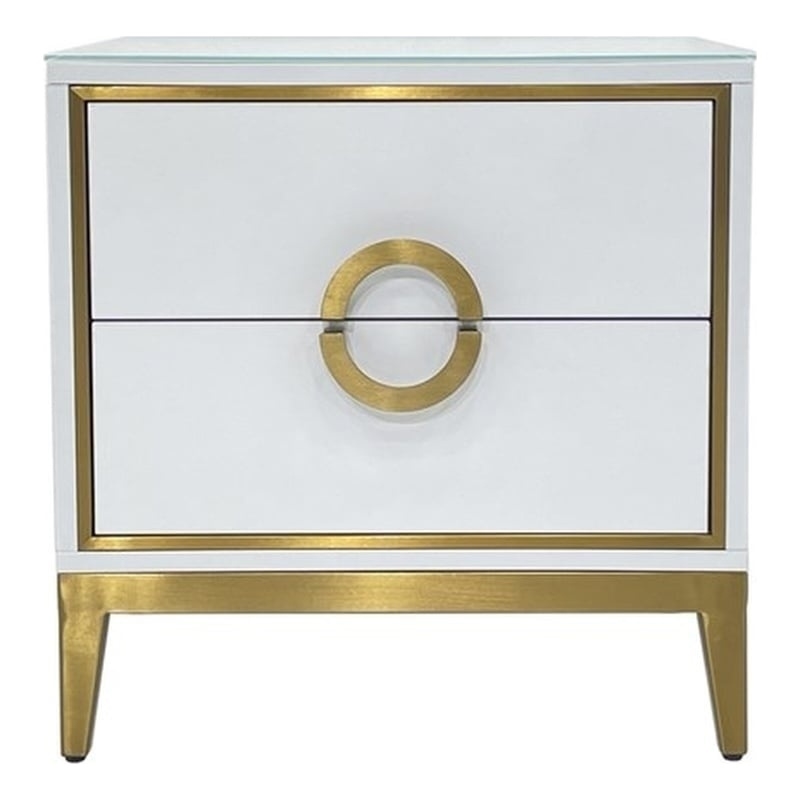 White Engineered Wood Night Stand with Matte Gold Frame and Circular Handles