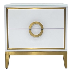 White Engineered Wood Night Stand with Matte Gold Frame and Circular Handles