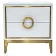 White Engineered Wood Night Stand with Matte Gold Frame and Circular Handles