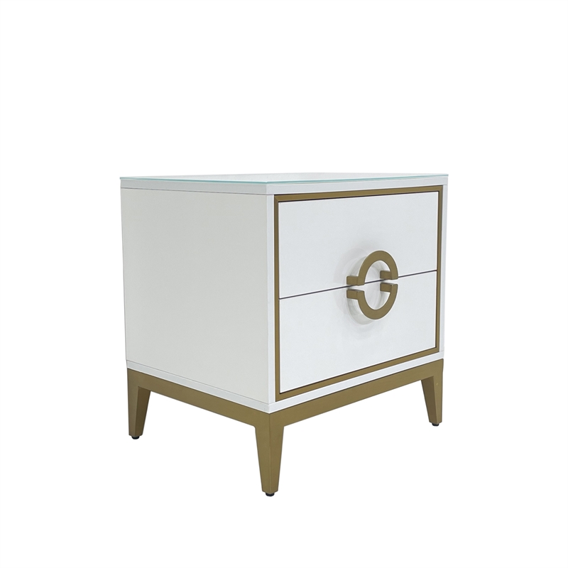 White Engineered Wood Night Stand with Matte Gold Frame and Circular Handles