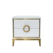 White Engineered Wood Night Stand with Matte Gold Frame and Circular Handles