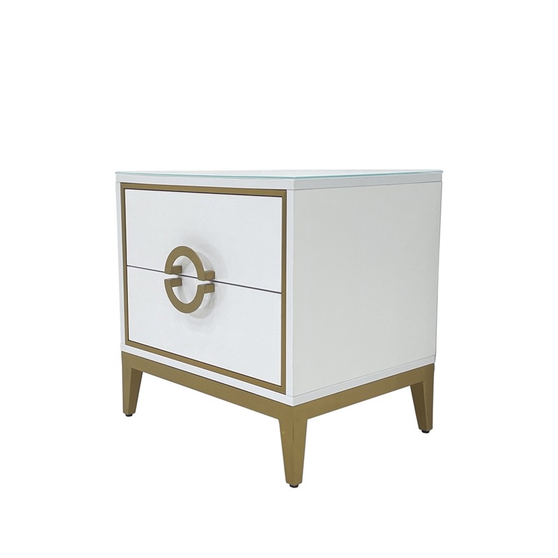 White Engineered Wood Night Stand with Matte Gold Frame and Circular Handles