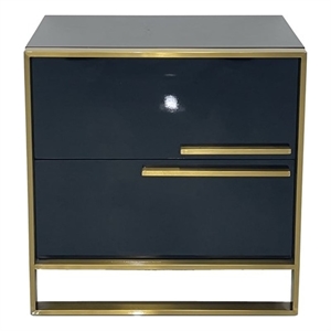 Black Engineered Wood Night Stand with Matte Gold Frame and Linear Handles