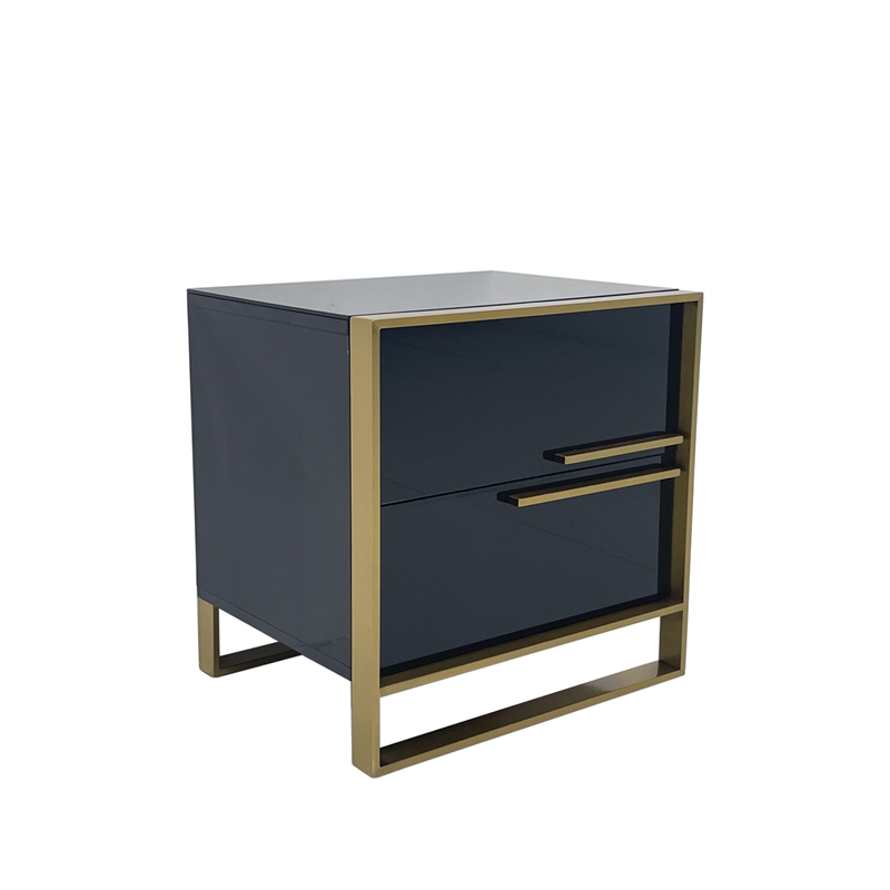 Black Engineered Wood Night Stand with Matte Gold Frame and Linear Handles