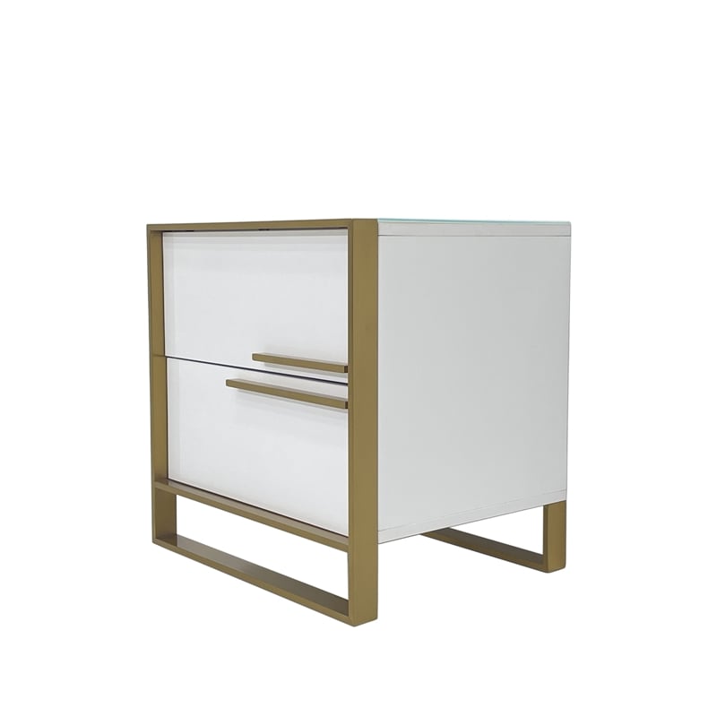 White Engineered Wood Night Stand with Matte Gold Frame and Linear Handles