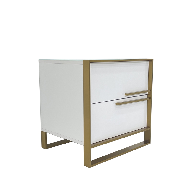 White Engineered Wood Night Stand with Matte Gold Frame and Linear Handles