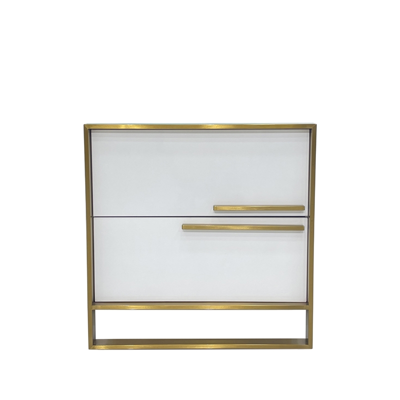 White Engineered Wood Night Stand with Matte Gold Frame and Linear Handles