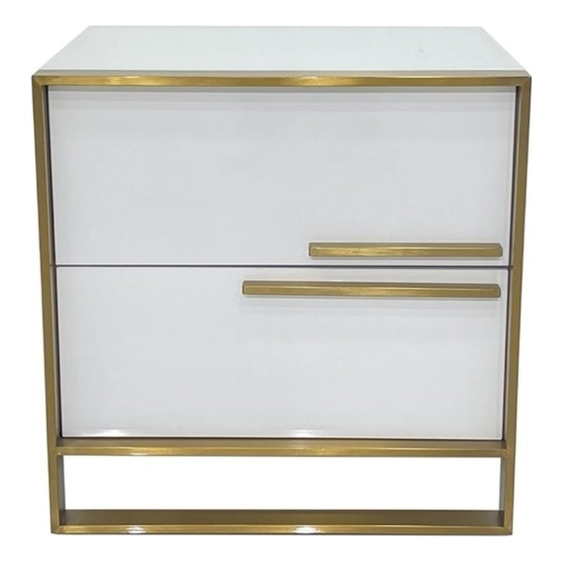 White Engineered Wood Night Stand with Matte Gold Frame and Linear Handles