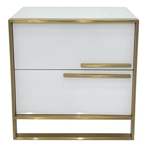 White Engineered Wood Night Stand with Matte Gold Frame and Linear Handles