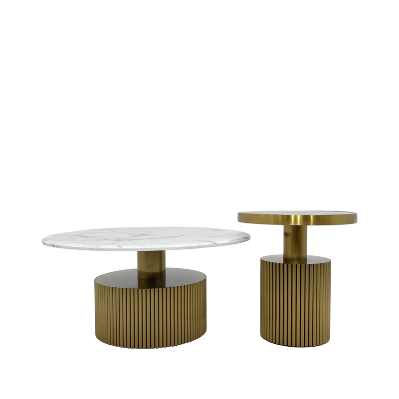 Nesting Coffee Table with White Marble Top with Matte Gold Frame and Black Glass