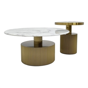 Nesting Coffee Table with White Marble Top with Matte Gold Frame and Black Glass